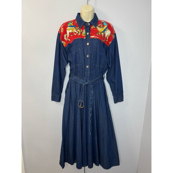 Vintage Dresses & Skirts - Vintage Dress Maxi Prairie Western Dress Rodeo Belted Denim Horse Yoke Blue